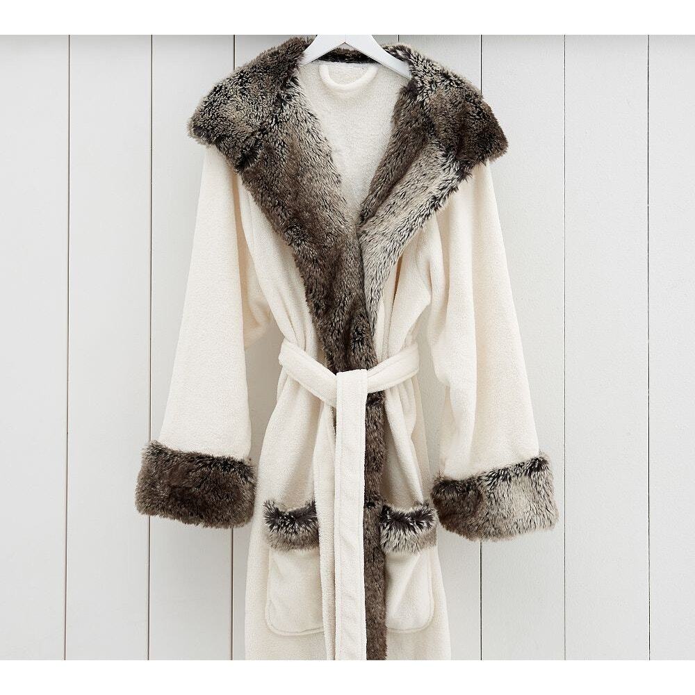 Pottery Barn Faux‎ Fur Ombre Trim Bath Robe Women's Small Luxury Hooded Fleece